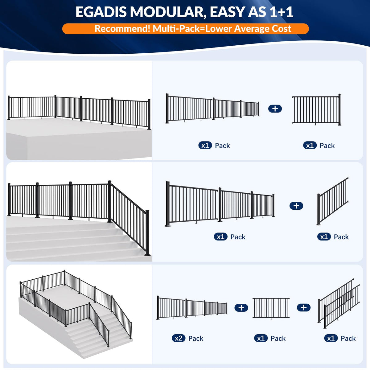 3 Pack Aluminum Porch and Deck Railing Kit with 4 Post L96819