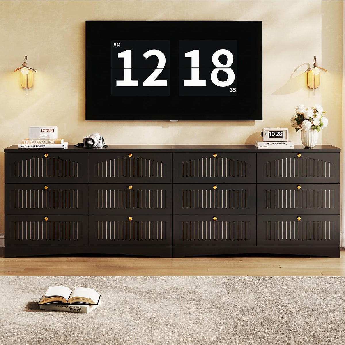 Black 6 Drawer Fluted Wood Dresser V963