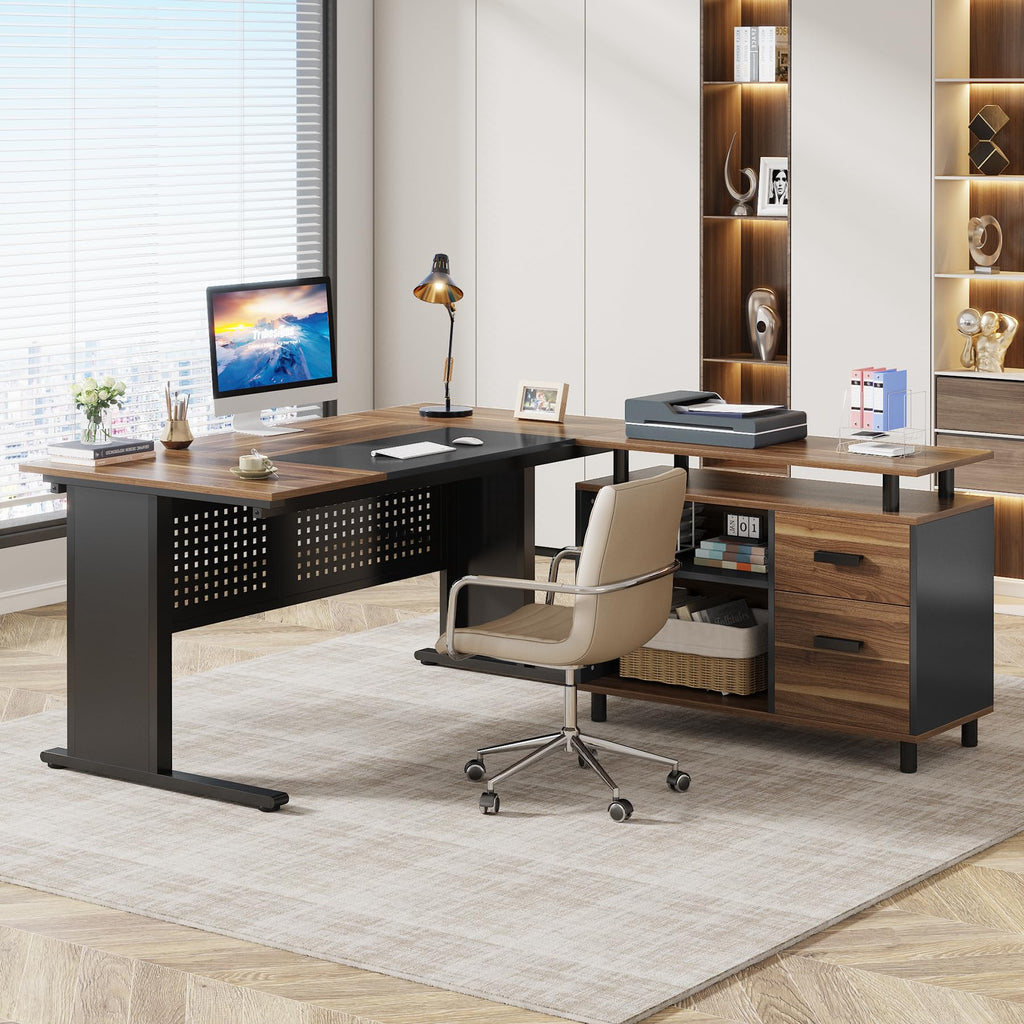 63 Inch L Shaped Computer Desk with File Cabinet and Storage Shelves D61670