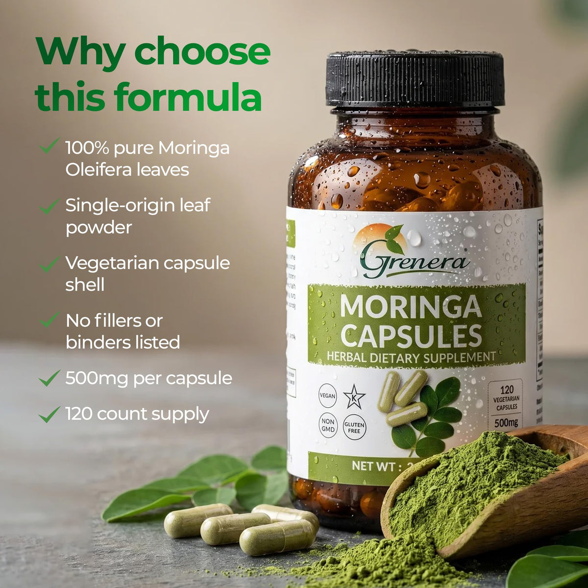 Moringa Capsules 500mg Moringa Oleifera Leaf Powder 120 Count S9017