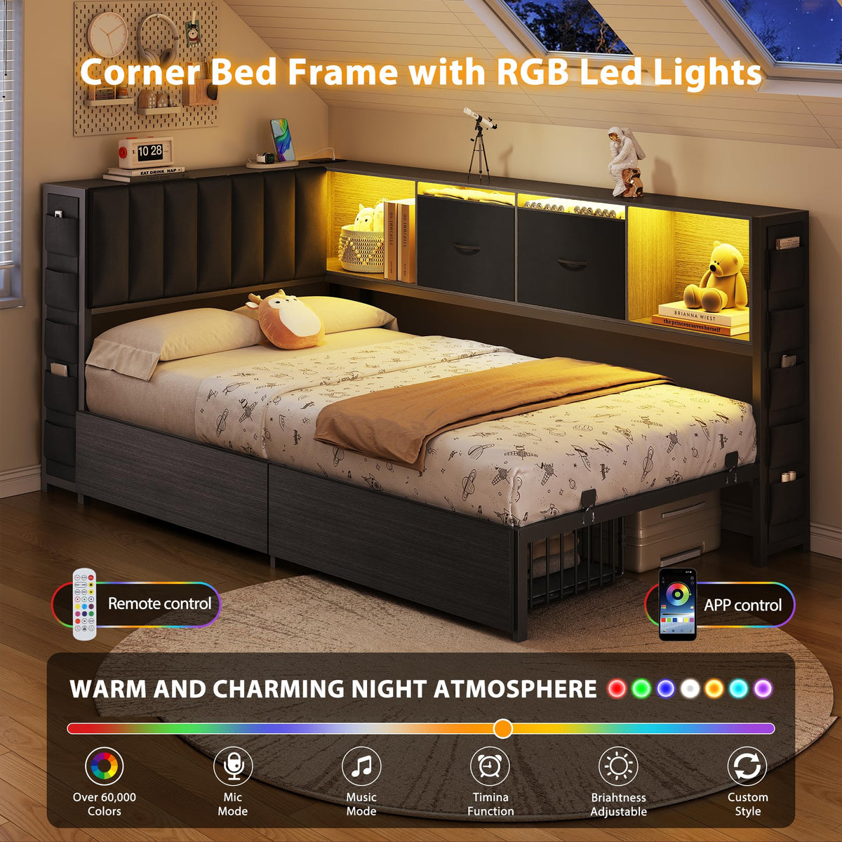 Twin Corner Bed Frame with Upholstered Storage Headboard and Drawers, LED Light and Charging Station, Black P411279