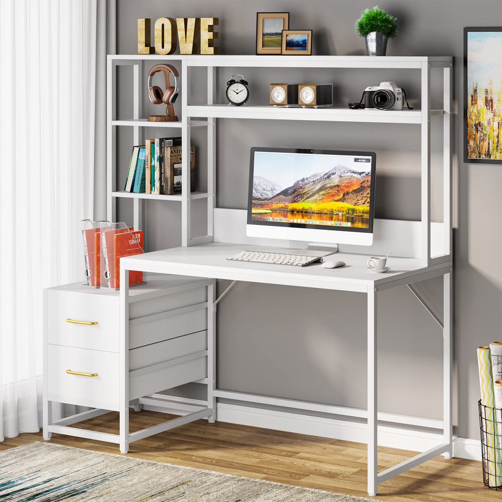 55 Inch Computer Desk with 2 Drawers and Storage Shelves F235005