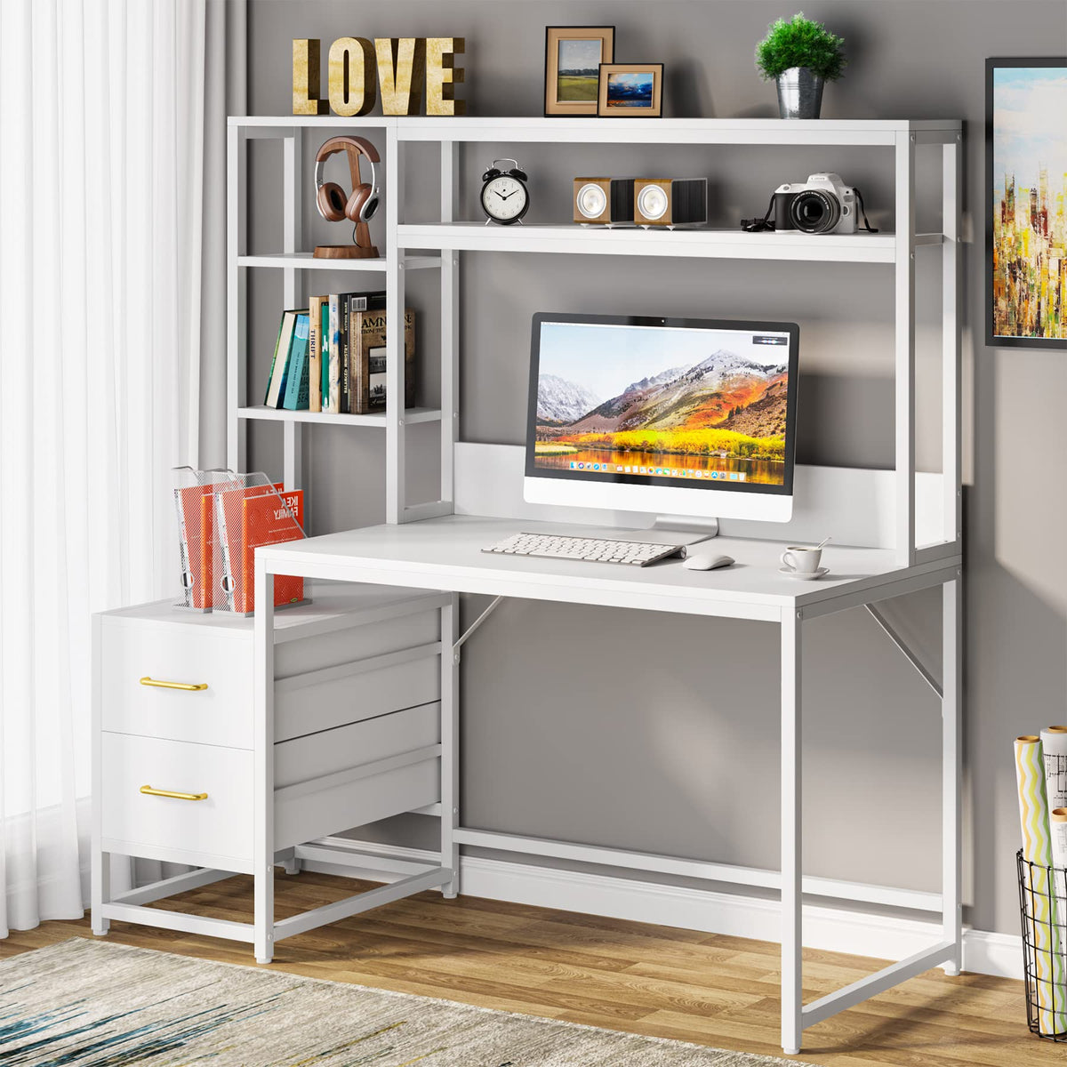 55 Inch Computer Desk with 2 Drawers and Storage Shelves F235005