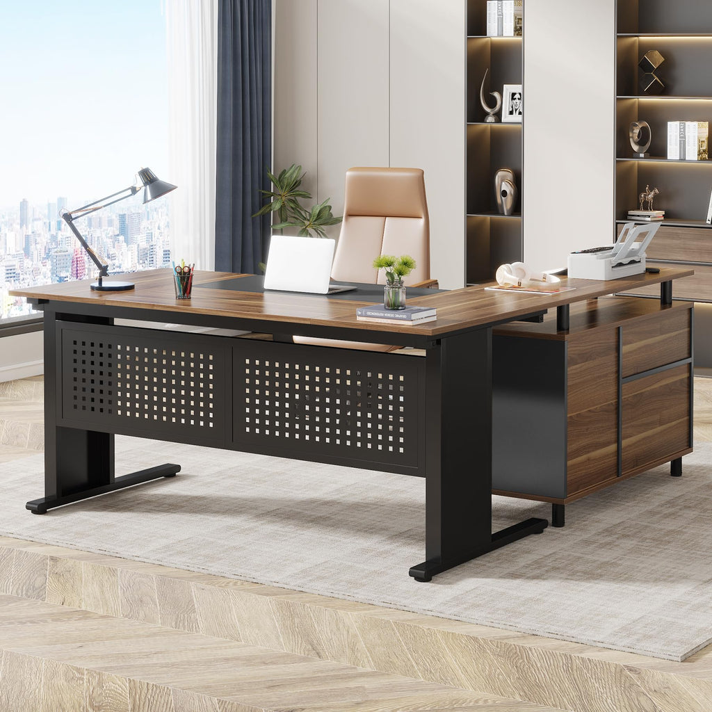 63 Inch L Shaped Computer Desk with File Cabinet and Storage Shelves D61670