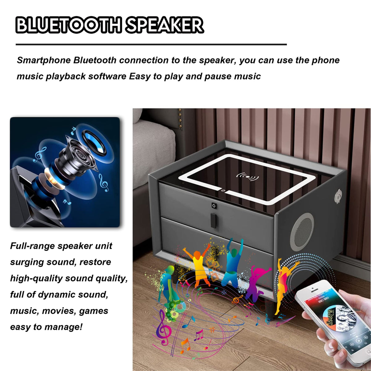 White 3 Drawer Bed End Table with Wireless Charging R5349
