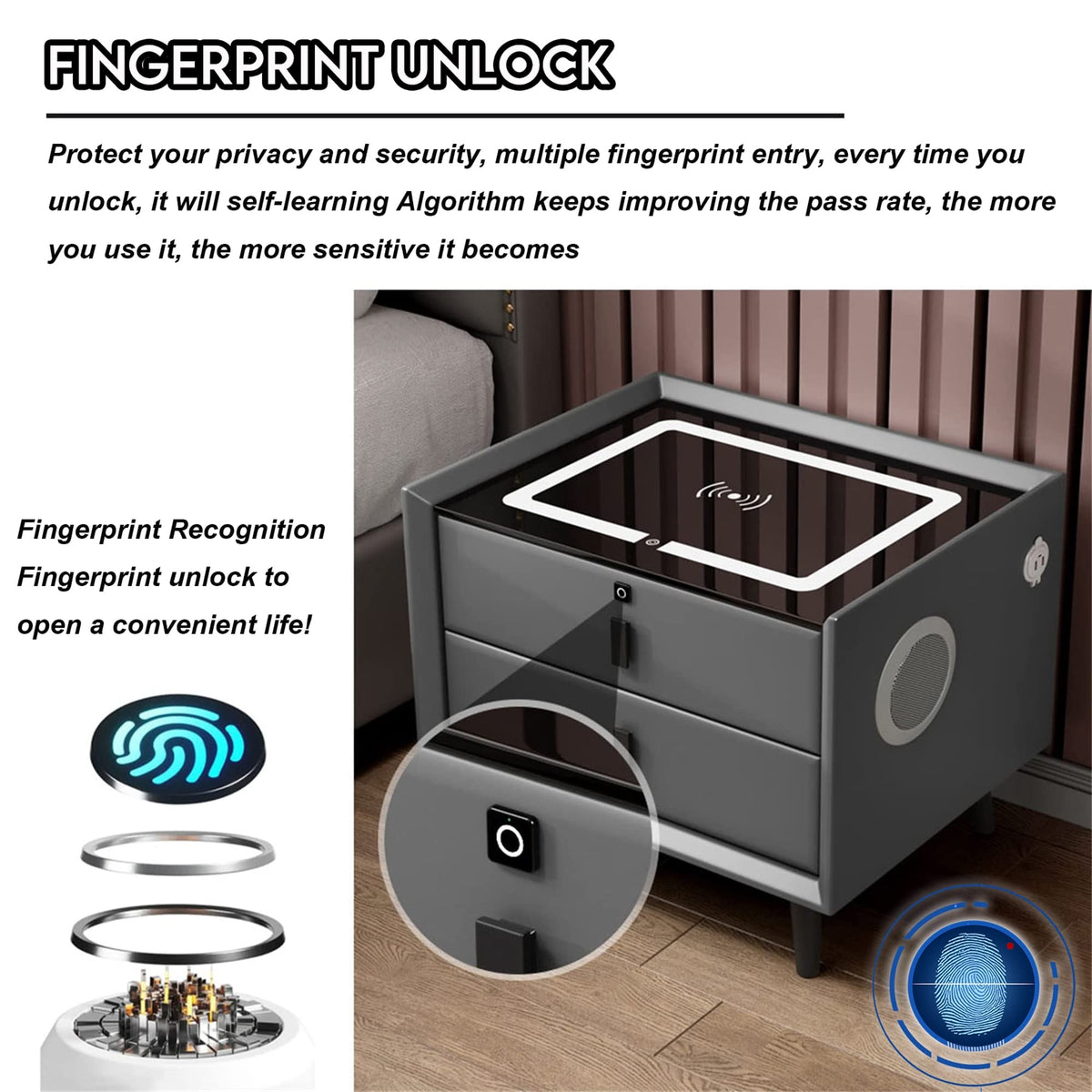 White 3 Drawer Bed End Table with Wireless Charging R5349