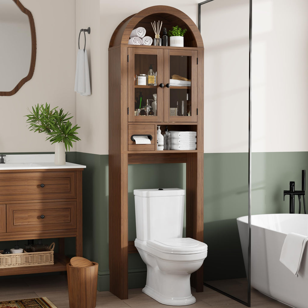 Arched Over the Toilet Storage Cabinet with Tempered Glass Doors O245922