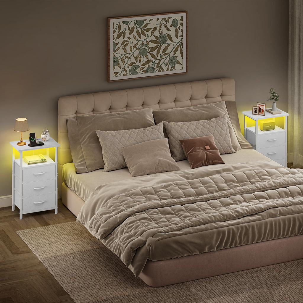 White Nightstand with Charging Station and 3 Fabric Drawers V500