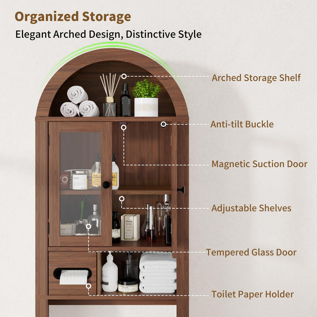 Arched Over the Toilet Storage Cabinet with Tempered Glass Doors O245922
