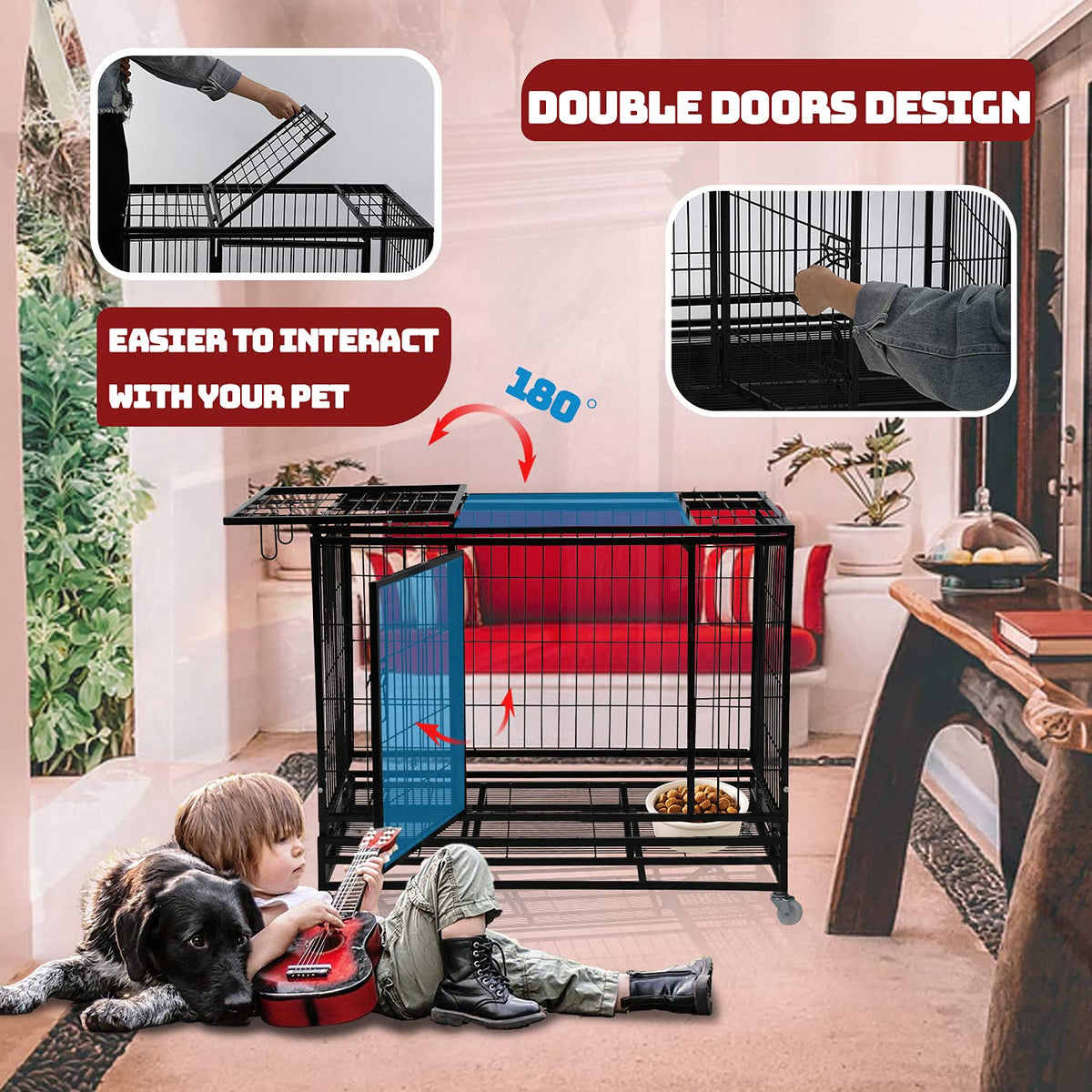 48 inch Heavy Duty Foldable Dog Crate with Lockable Wheels X36557