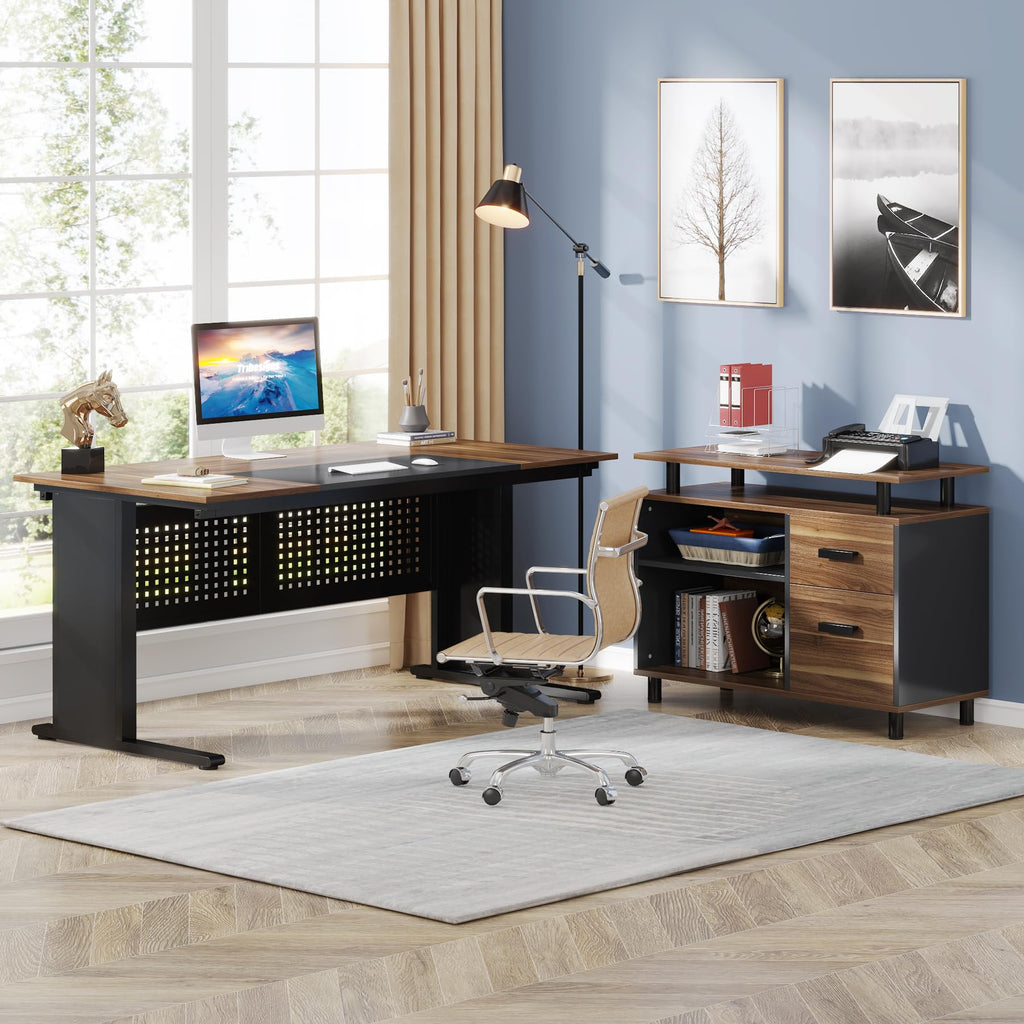 63 Inch L Shaped Computer Desk with File Cabinet and Storage Shelves D61670