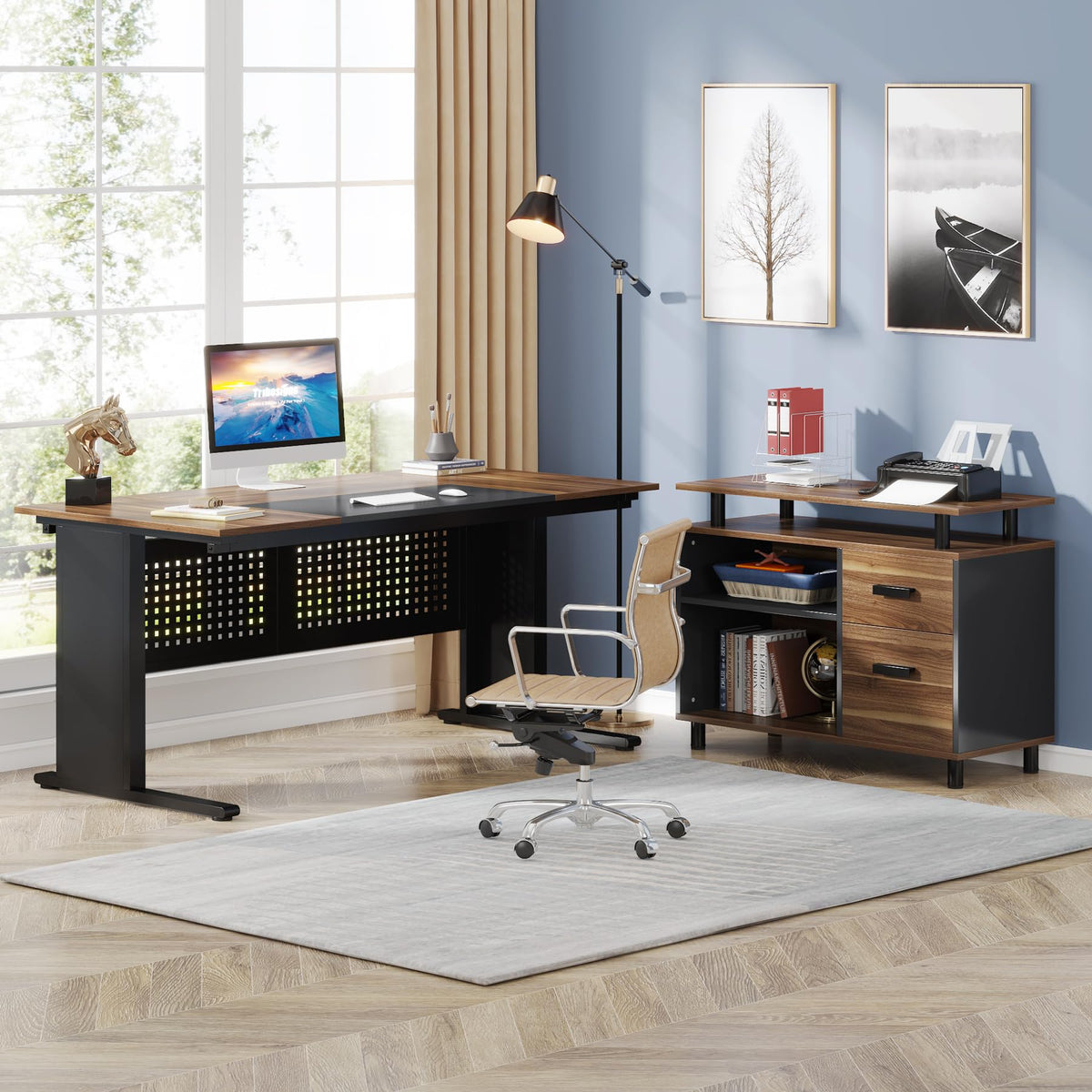 63 Inch L Shaped Computer Desk with File Cabinet and Storage Shelves D61670