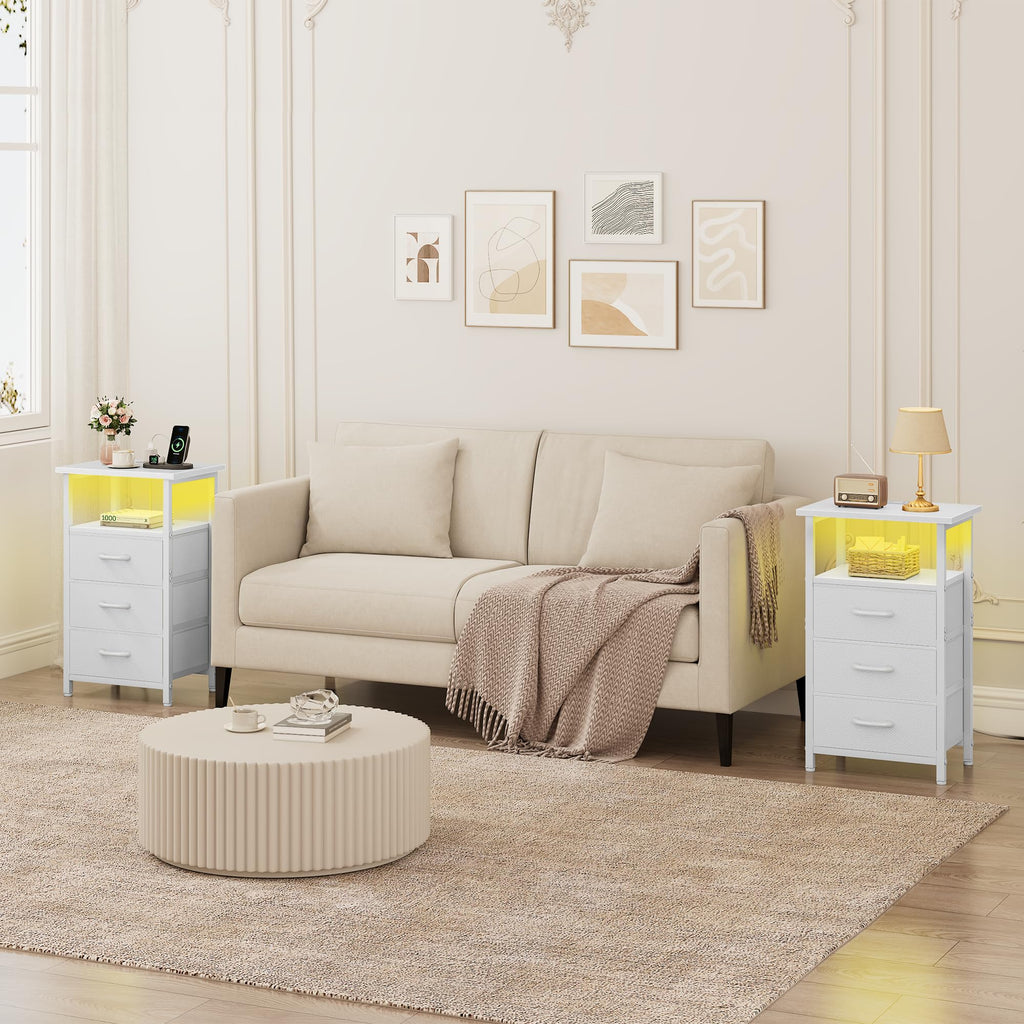 White Nightstand with Charging Station and 3 Fabric Drawers V500