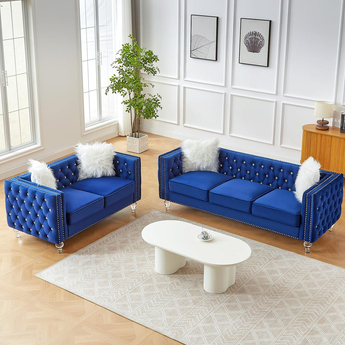 Blue Velvet Chesterfield Sofa with 2 Throw Pillows E173055