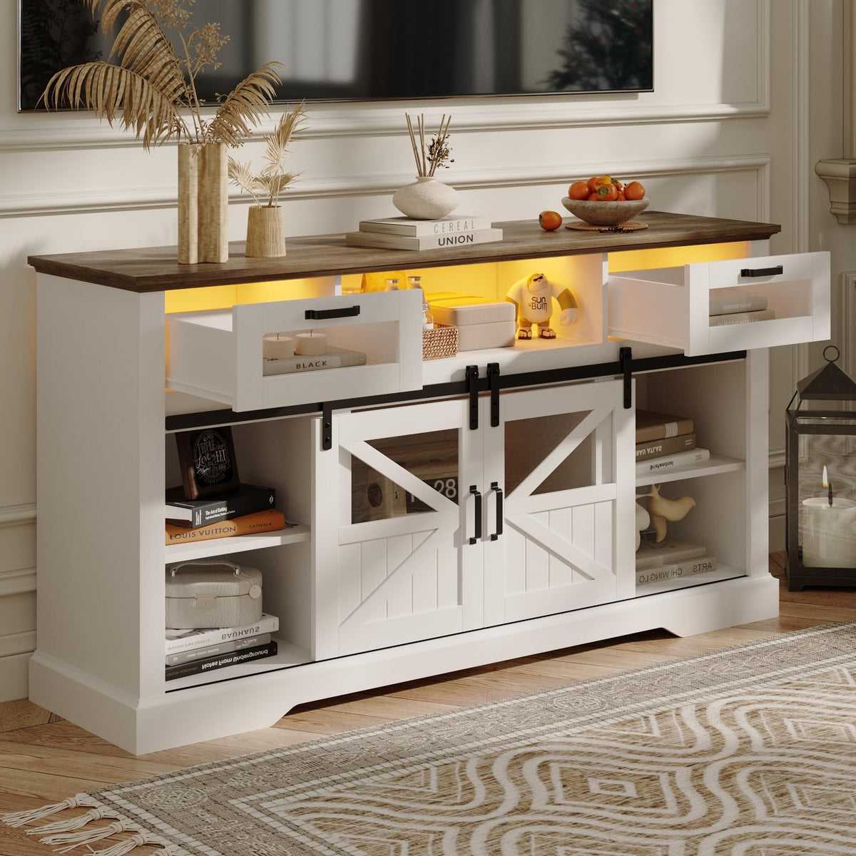 TV Stand with Storage Cabinet and Sliding Barn Doors F3343