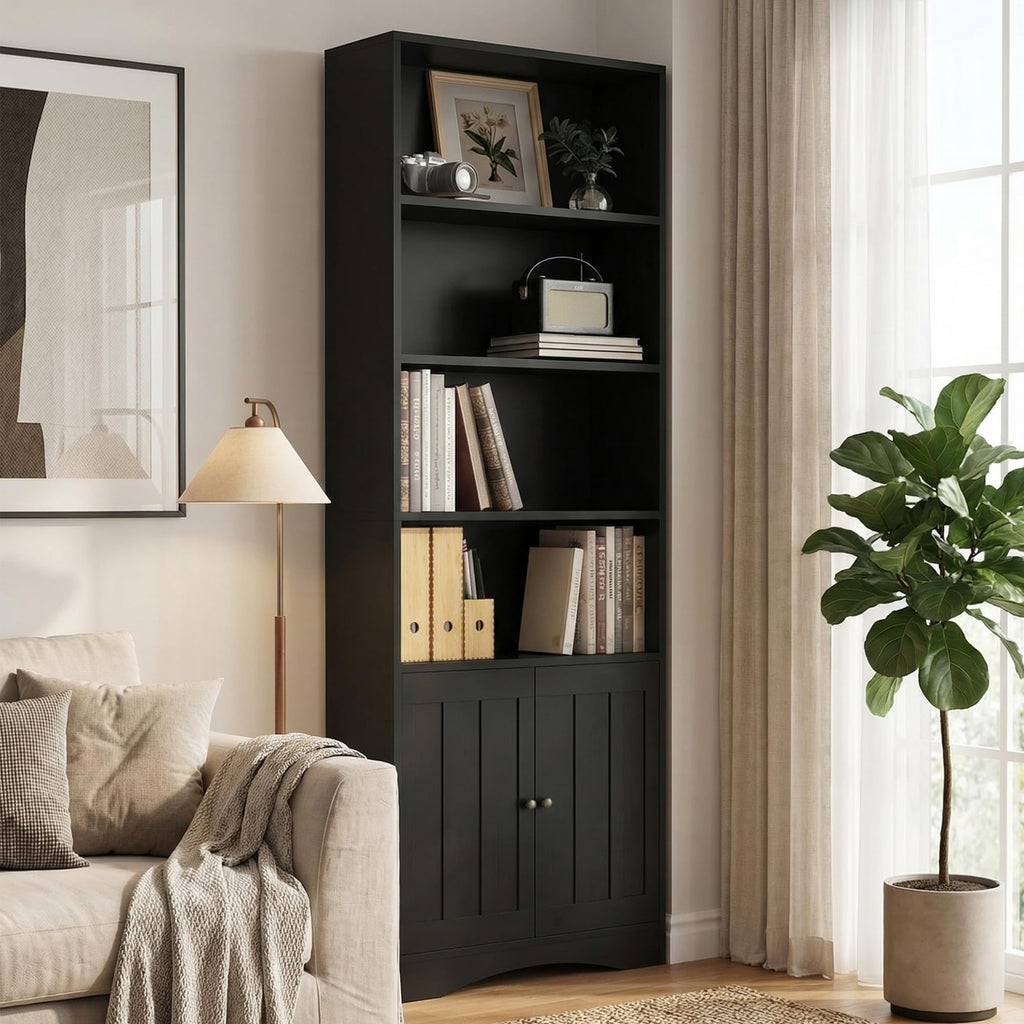 71''H 6-Shelf Black Bookcase with Doors B22513