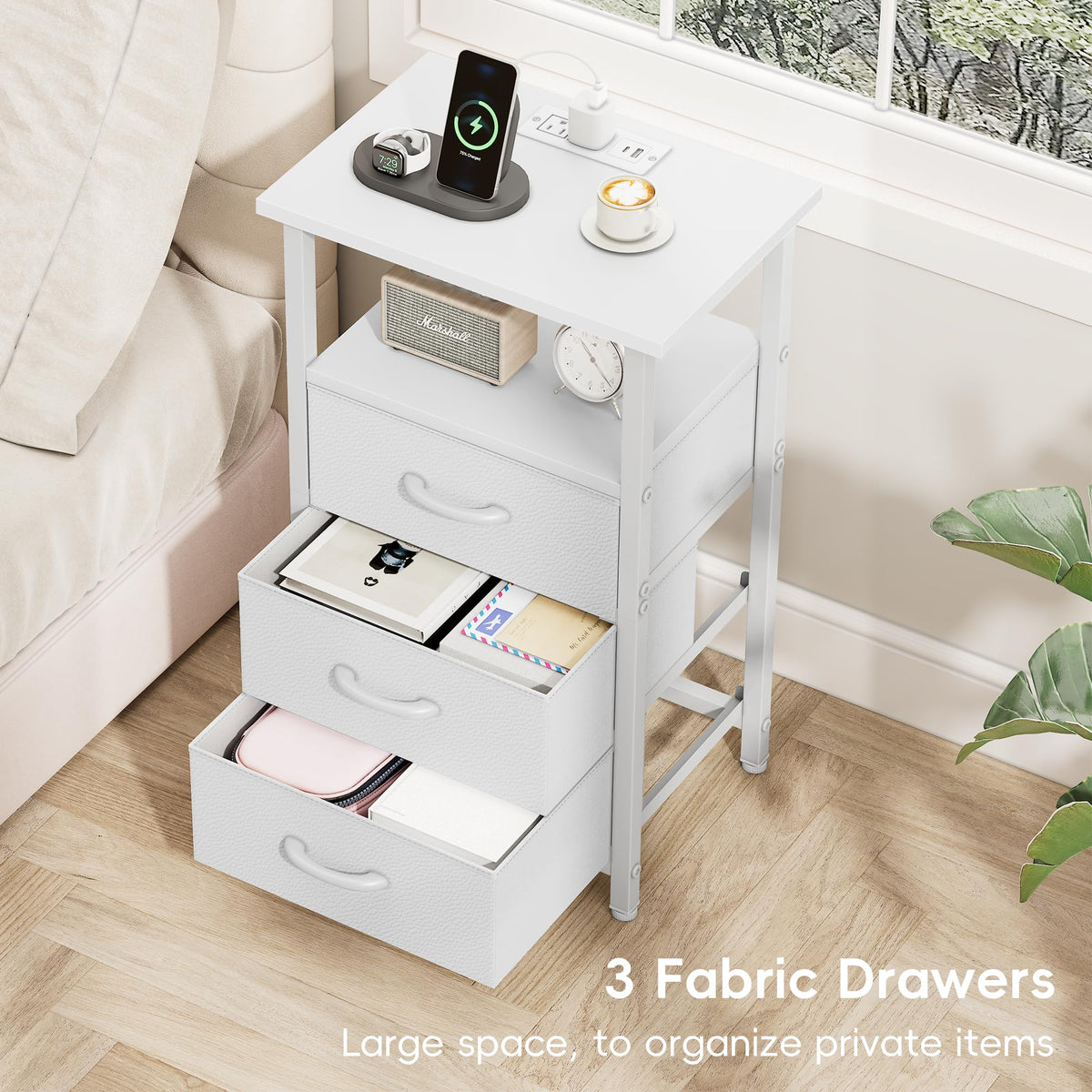 White Nightstand with Charging Station and 3 Fabric Drawers V500