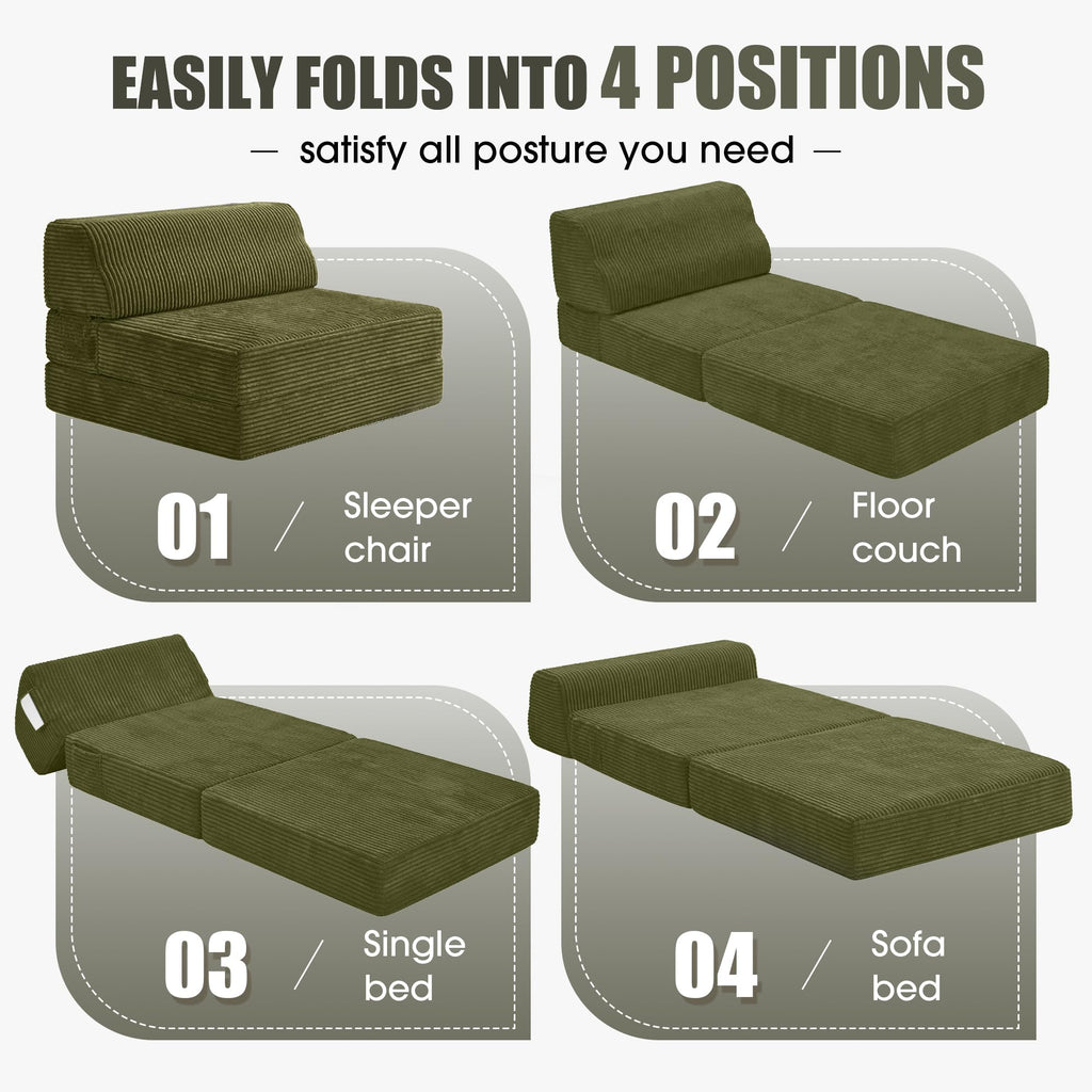 Folding Sofa Bed with Pillow, Memory Foam Sleeper Chair, Green D8281