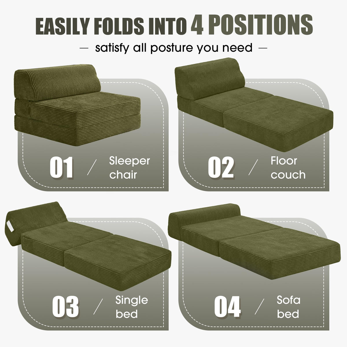 Folding Sofa Bed with Pillow, Memory Foam Sleeper Chair, Green D8281