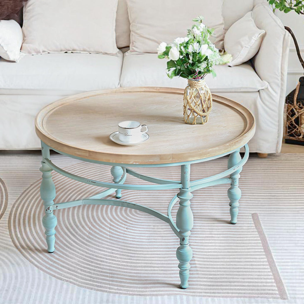 Round Solid Wood Coffee Table with Iron Legs A9308