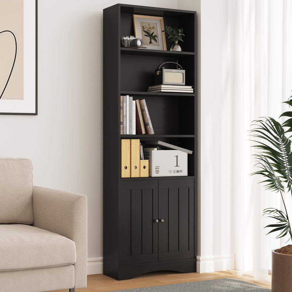 71''H 6-Shelf Black Bookcase with Doors B22513