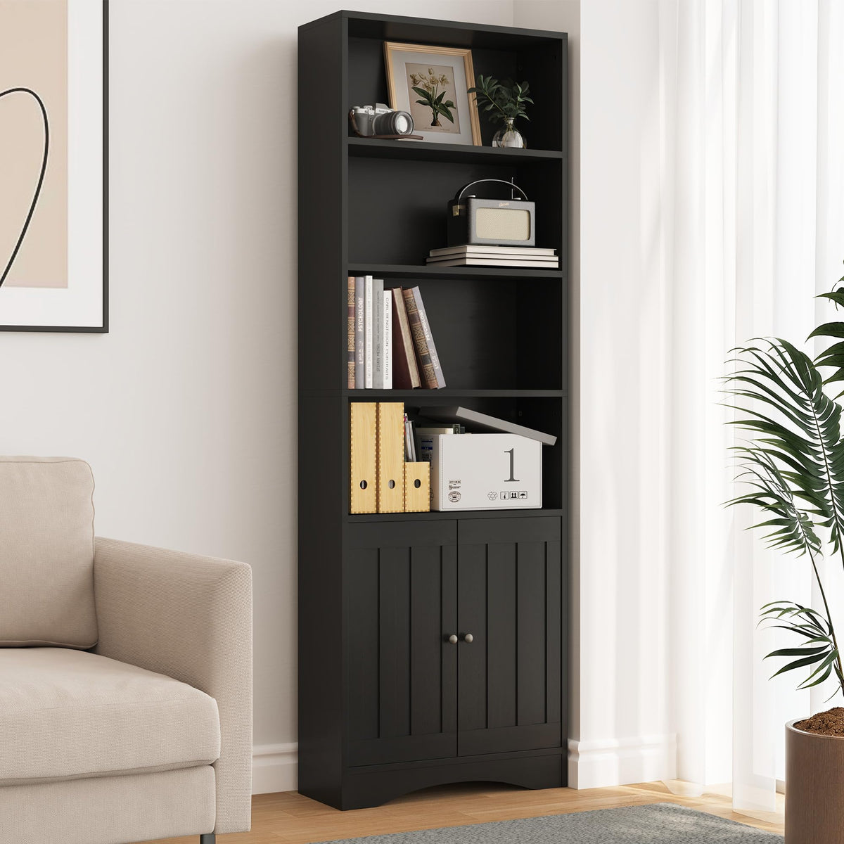 71''H 6-Shelf Black Bookcase with Doors B22513
