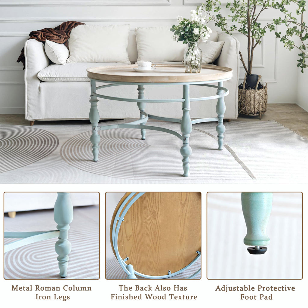 Round Solid Wood Coffee Table with Iron Legs A9308