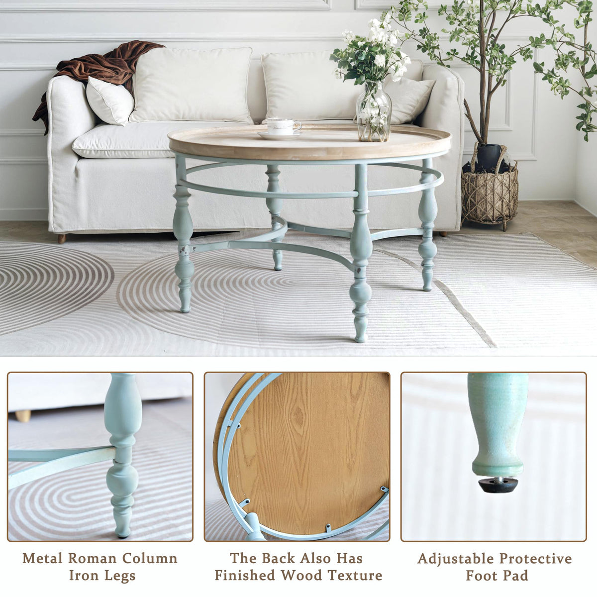 Round Solid Wood Coffee Table with Iron Legs A9308