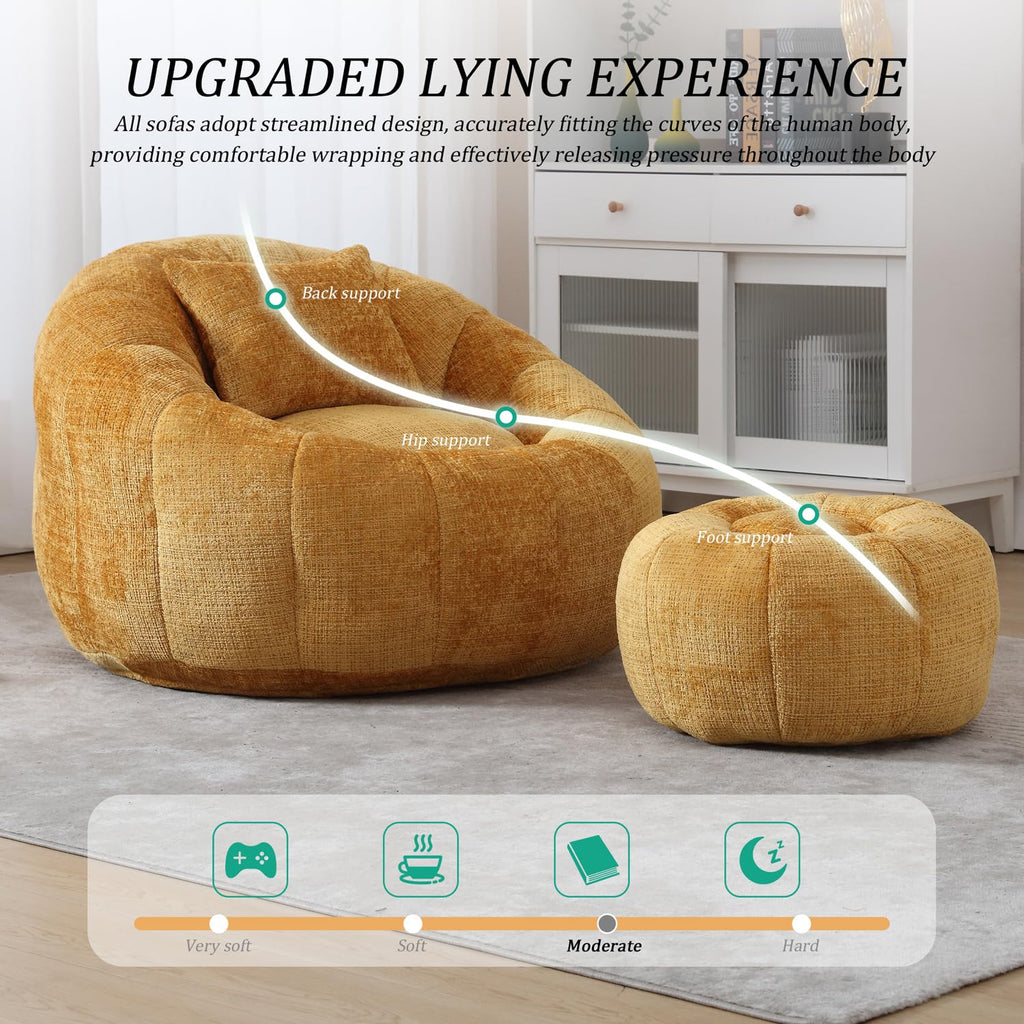 Yellow Chenille Bean Bag Chair with Ottoman and Pillow F4772