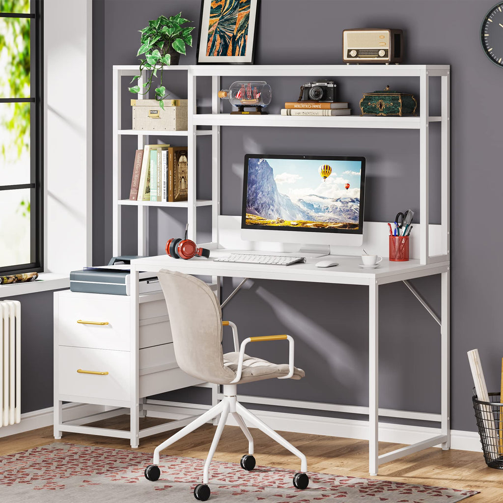 55 Inch Computer Desk with 2 Drawers and Storage Shelves F235005