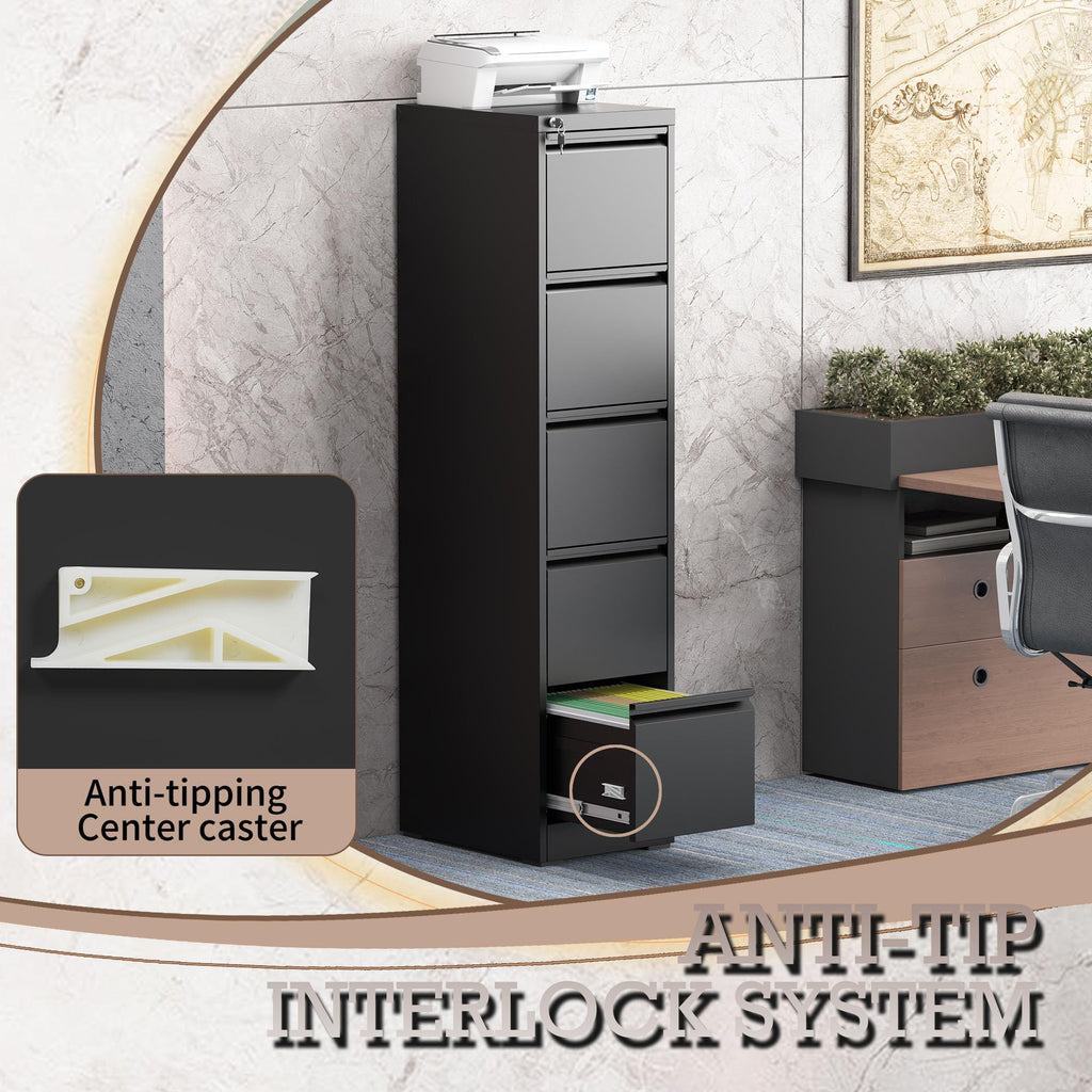 5 Drawer Black Filing Cabinet with Lock Y8380