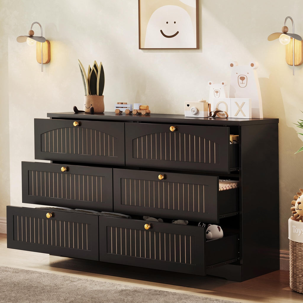 Black 6 Drawer Fluted Wood Dresser V963
