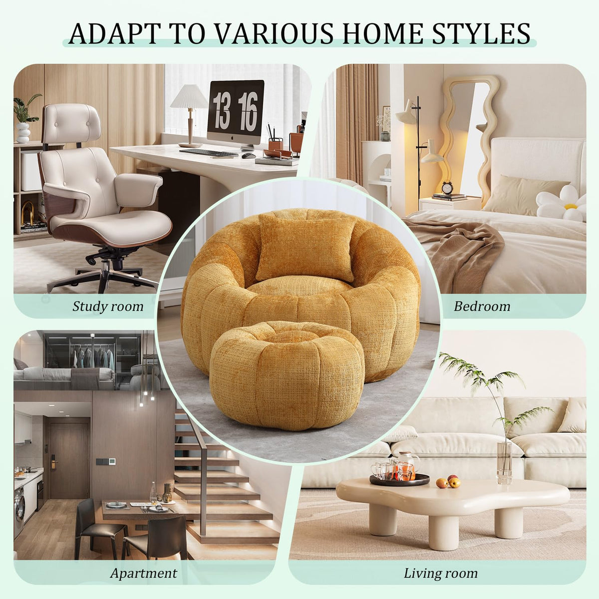 Yellow Chenille Bean Bag Chair with Ottoman and Pillow F4772
