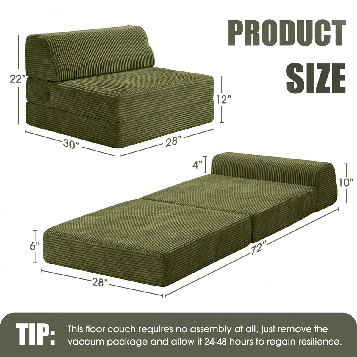 Folding Sofa Bed with Pillow, Memory Foam Sleeper Chair, Green D8281