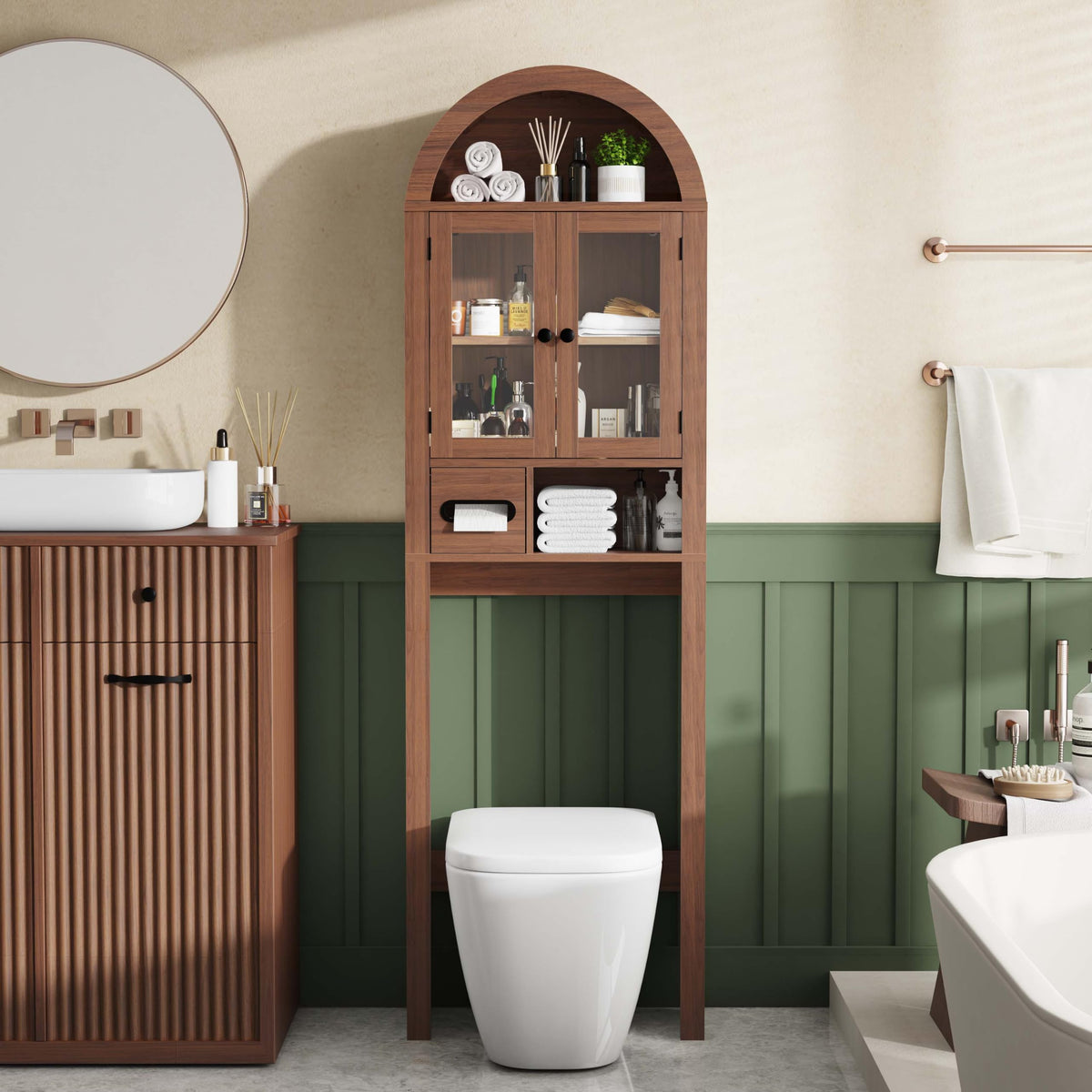 Arched Over the Toilet Storage Cabinet with Tempered Glass Doors O245922