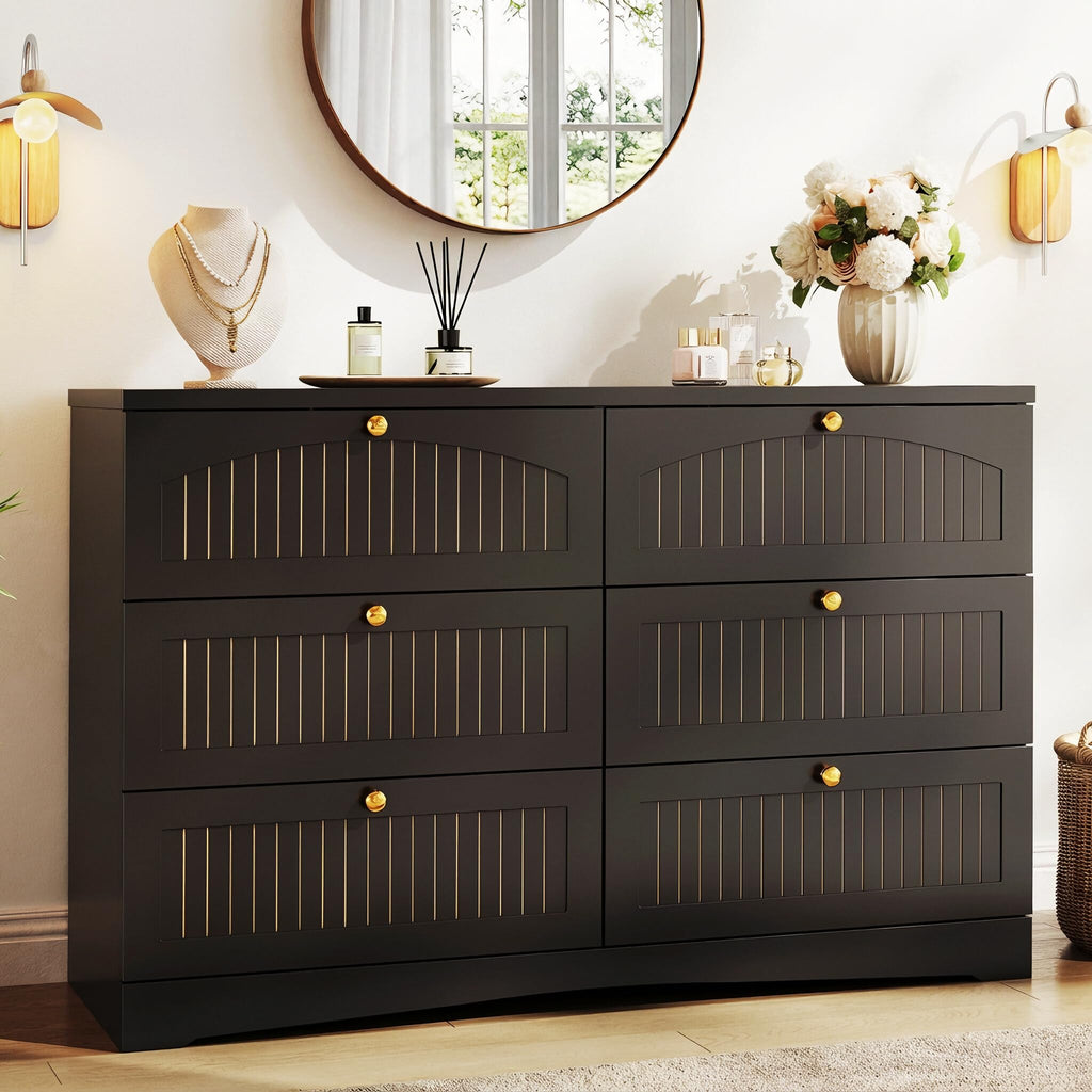 Black 6 Drawer Fluted Wood Dresser V963