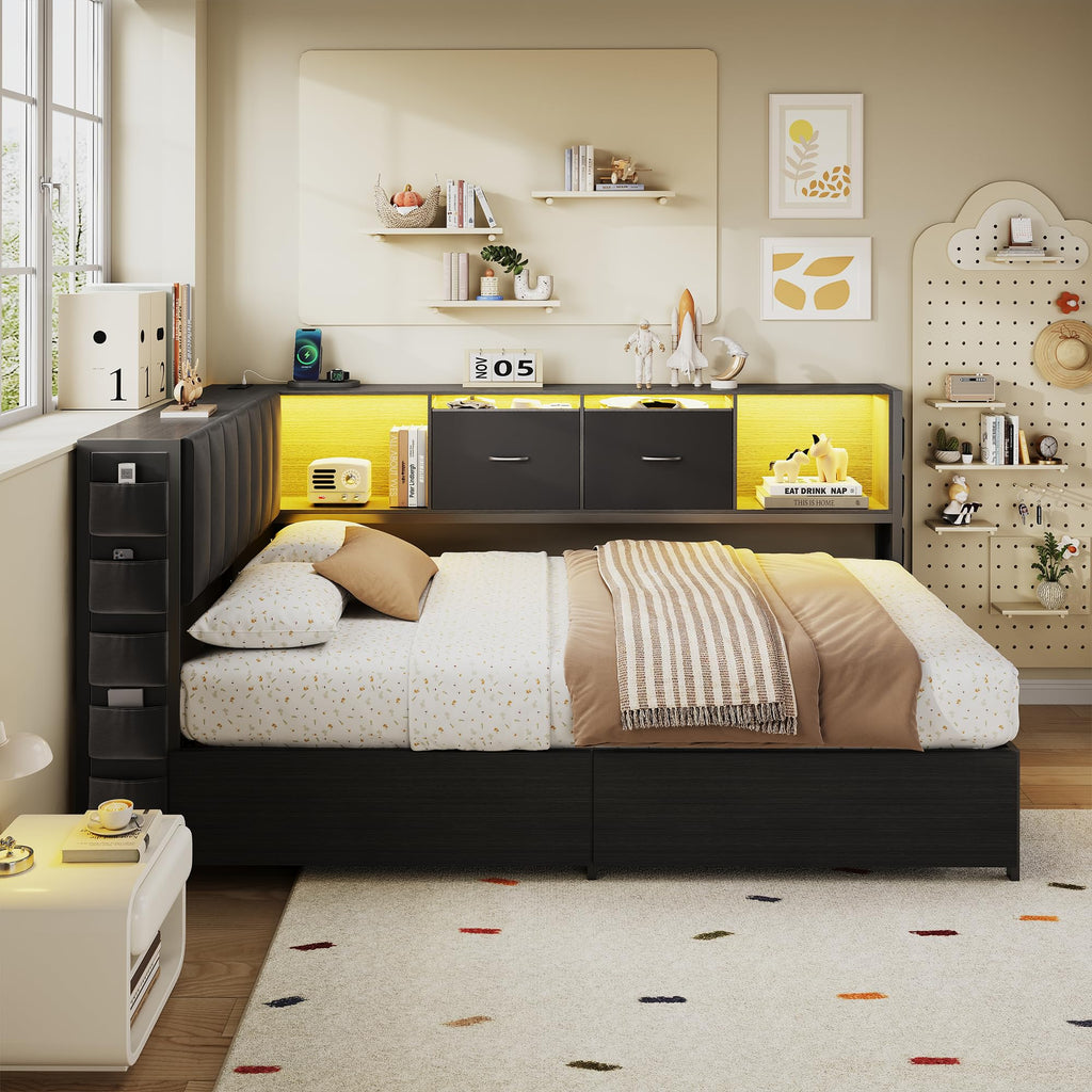 Twin Corner Bed Frame with Upholstered Storage Headboard and Drawers, LED Light and Charging Station, Black P411279