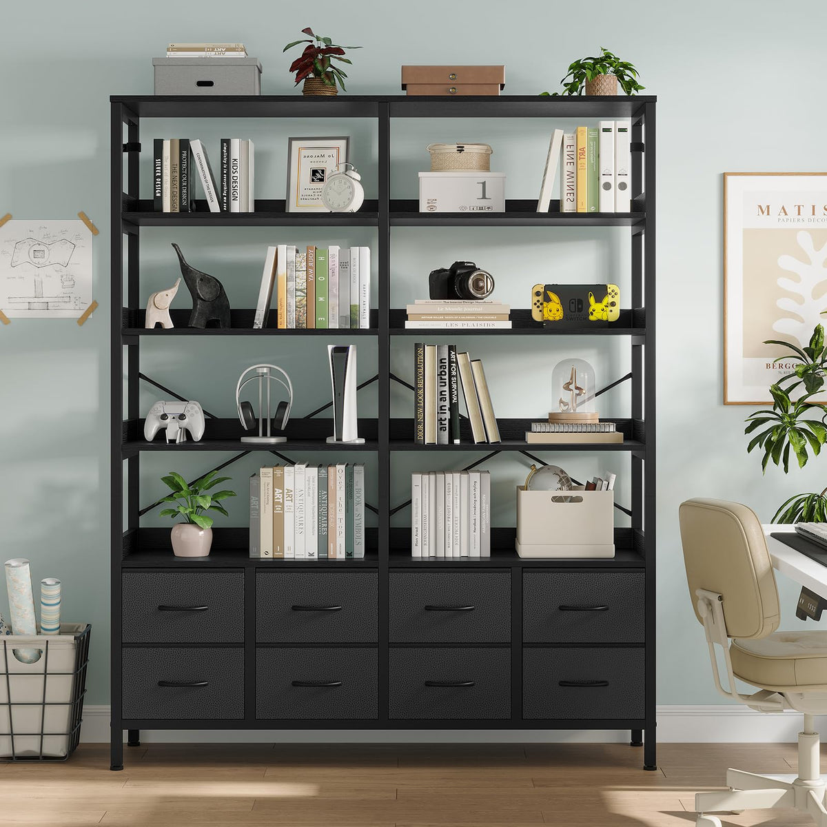 Black 8 Fabric Drawer 7-Tier Bookshelf K1692