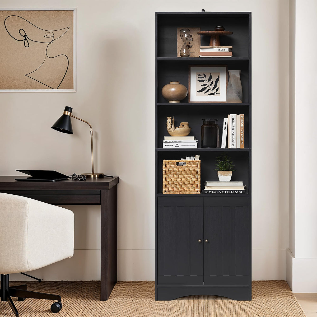 71''H 6-Shelf Black Bookcase with Doors B22513