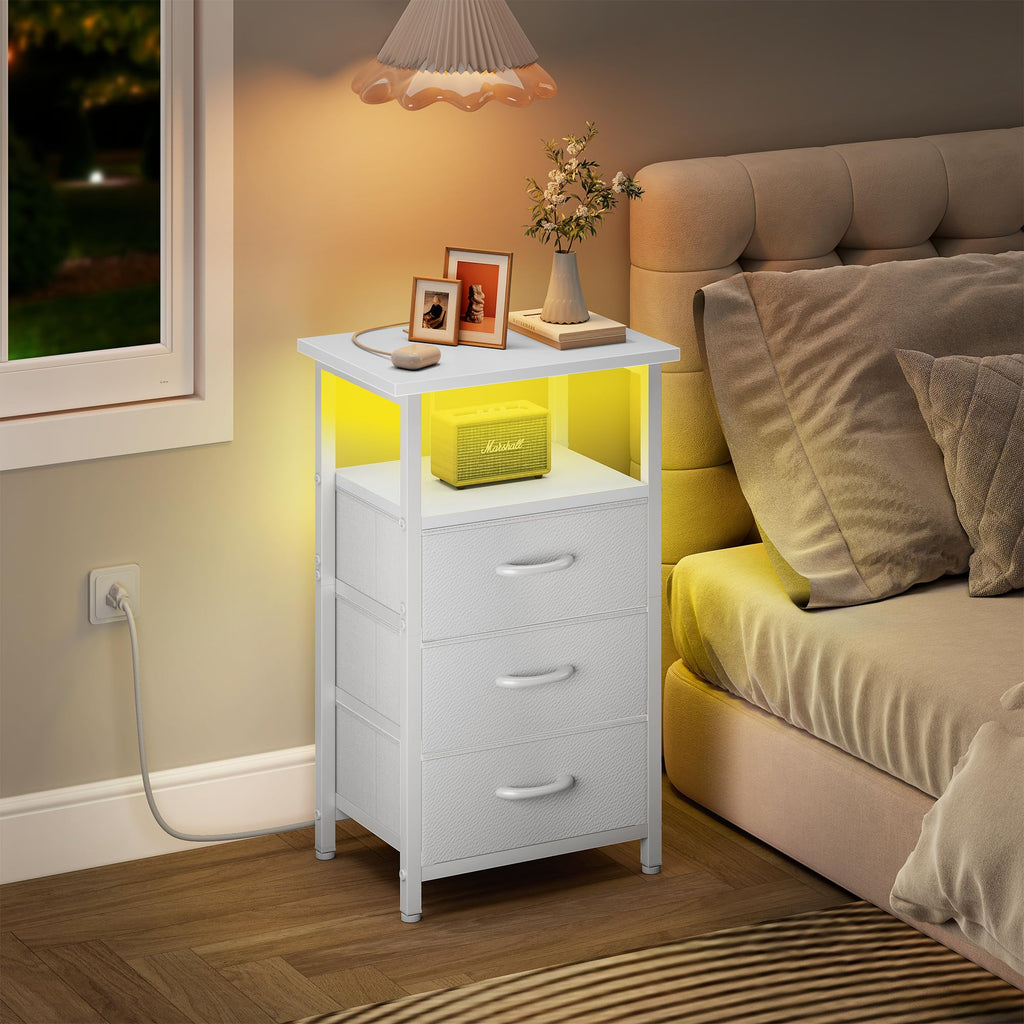White Nightstand with Charging Station and 3 Fabric Drawers V500