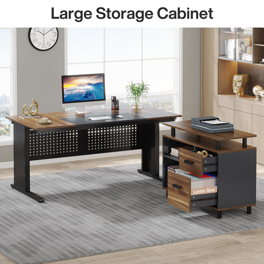 63 Inch L Shaped Computer Desk with File Cabinet and Storage Shelves D61670