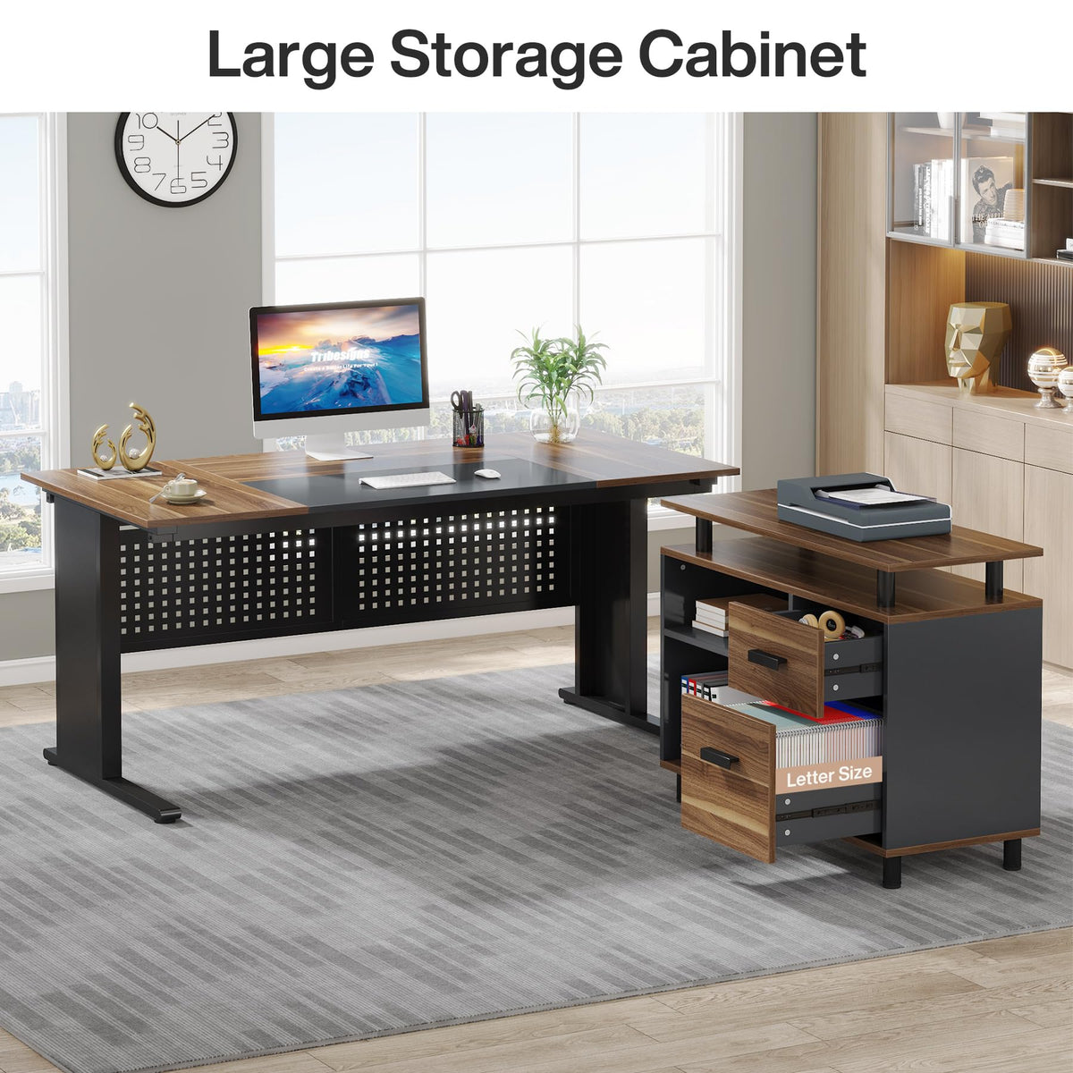 63 Inch L Shaped Computer Desk with File Cabinet and Storage Shelves D61670
