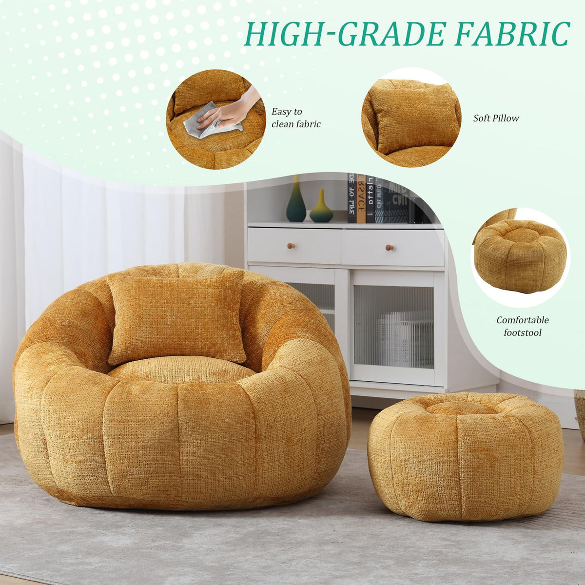Yellow Chenille Bean Bag Chair with Ottoman and Pillow F4772