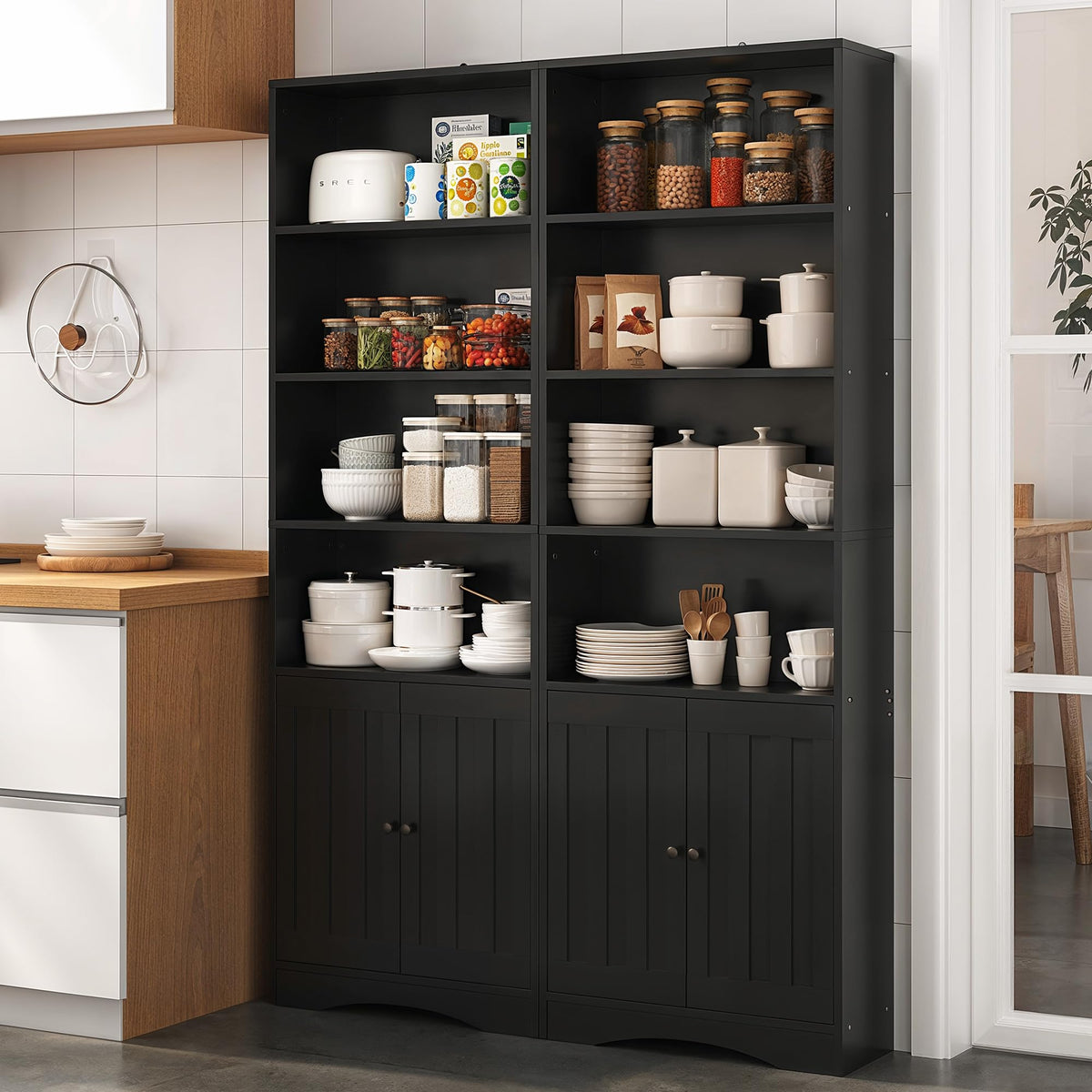 71''H 6-Shelf Black Bookcase with Doors B22513