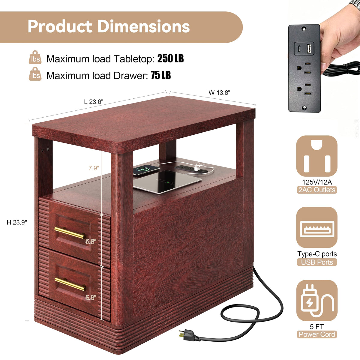 Farmhouse End Table with Charging Station, 2 Storage Drawers V30898