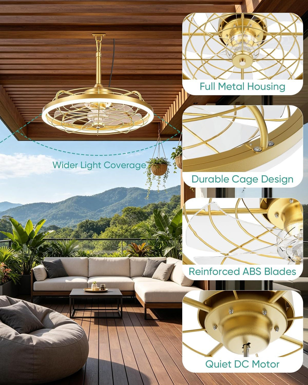 20" Gold Outdoor Ceiling Fan with Light A128495