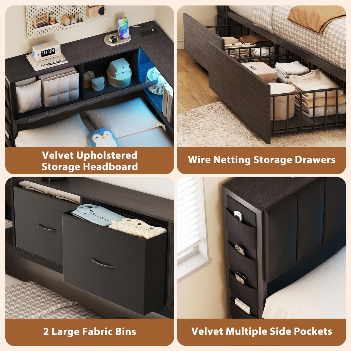 Twin Corner Bed Frame with Upholstered Storage Headboard and Drawers, LED Light and Charging Station, Black P411279