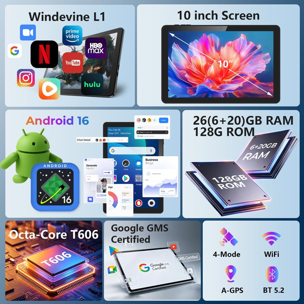 Android Tablet 10 inch, 26GB RAM 128GB ROM 7000 mAh Black C75907