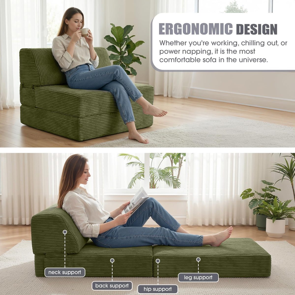 Folding Sofa Bed with Pillow, Memory Foam Sleeper Chair, Green D8281