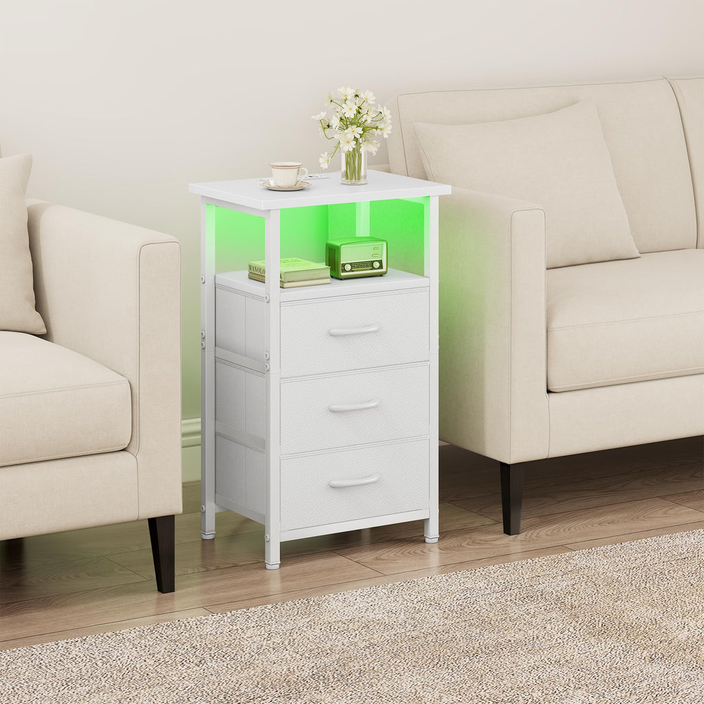 White Nightstand with Charging Station and 3 Fabric Drawers V500